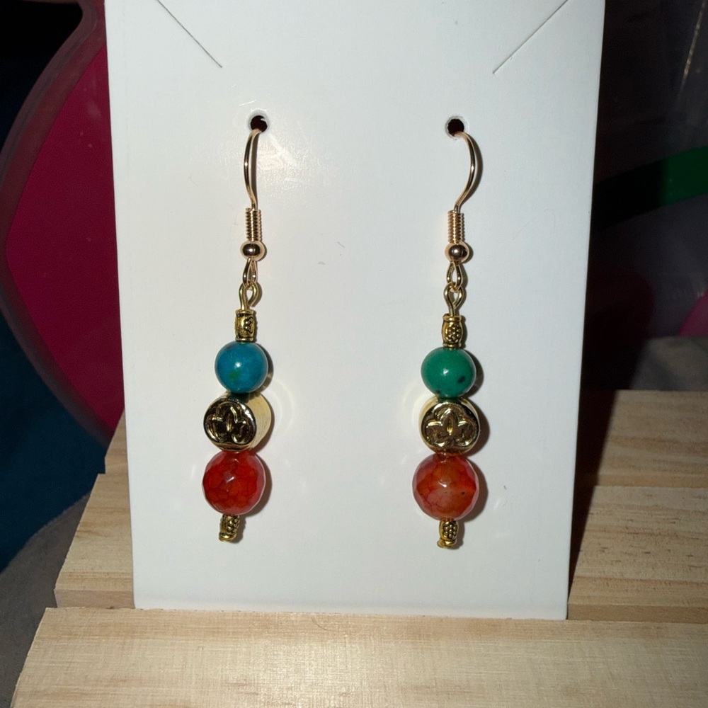 Elegant Gold tone, Pink Tourmaline and Green Stone Beaded Earrings